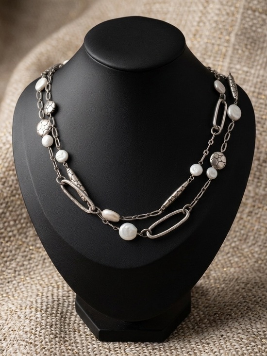 Brighton Jewelry - Brighton PEBBLE PEARL Silver Oval Barrel Links Long Necklace, NWOT 2496